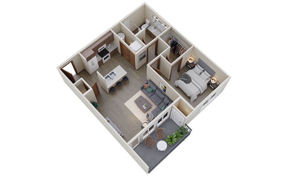 The Spruce - 1 bedroom floorplan layout with 1 bath and 703 square feet.