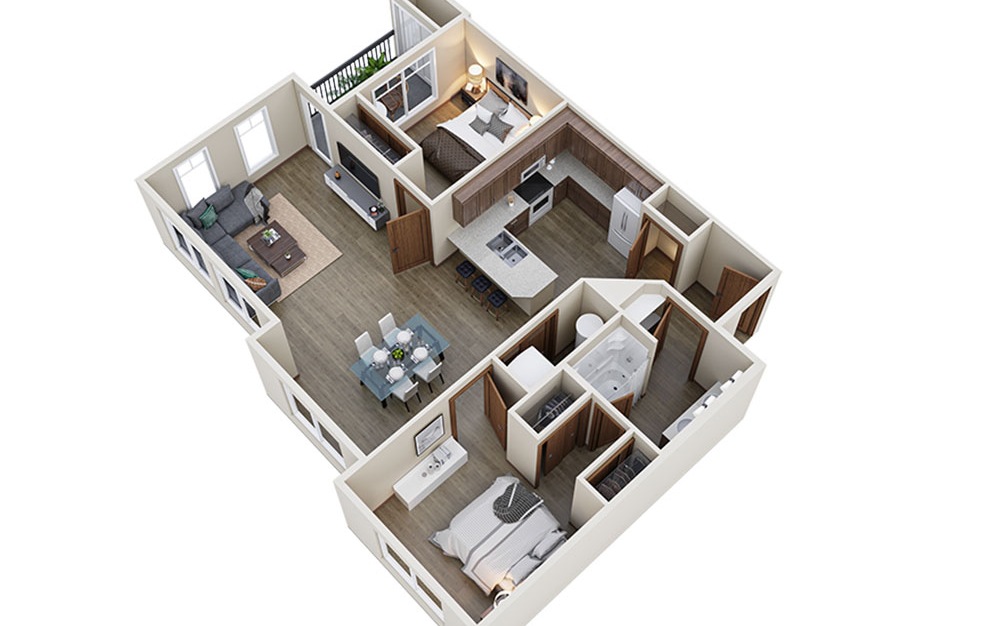 The Ponderosa - 2 bedroom floorplan layout with 1 bath and 972 square feet.